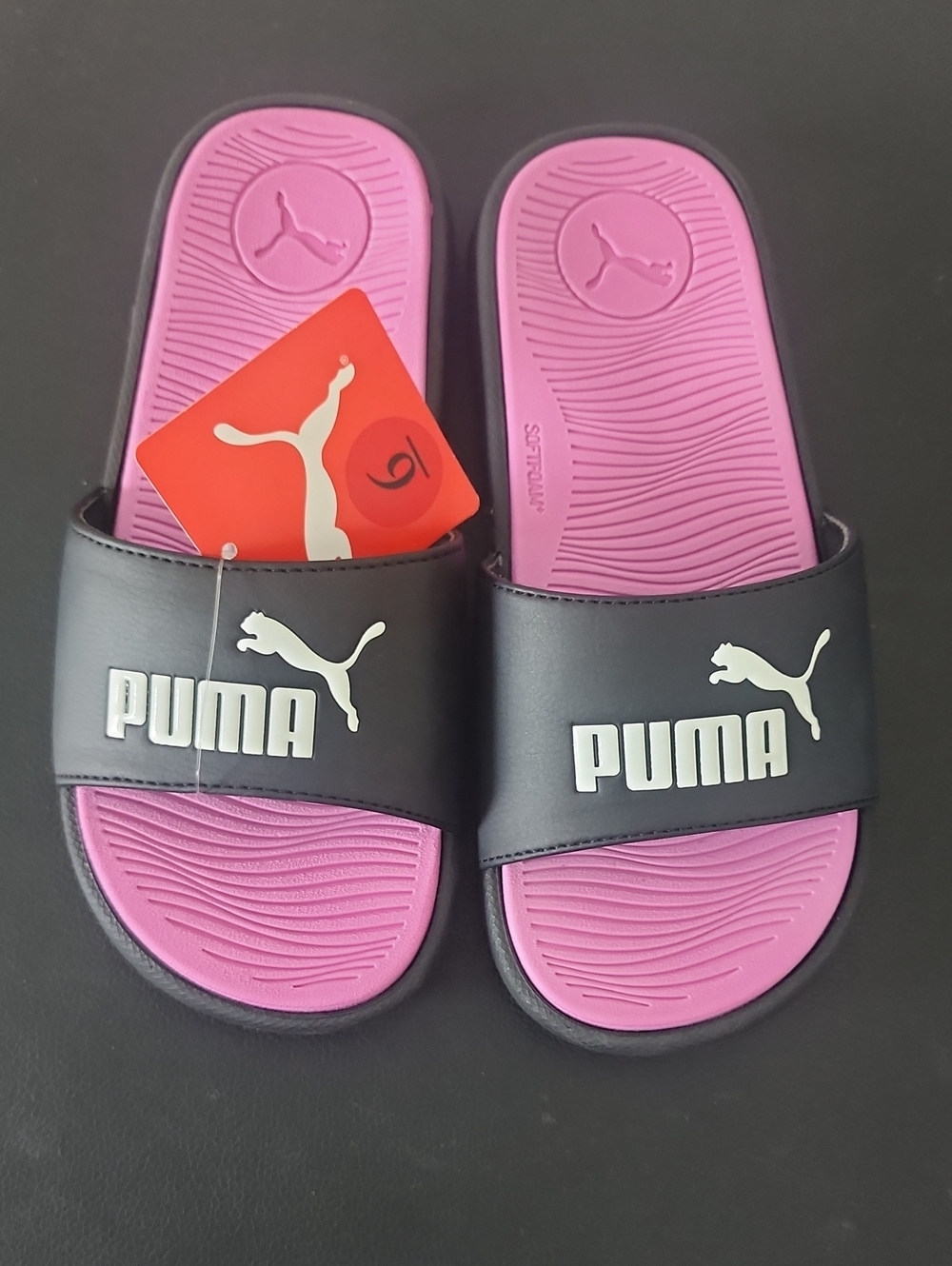 Puma Black Slides with Pink Footbed